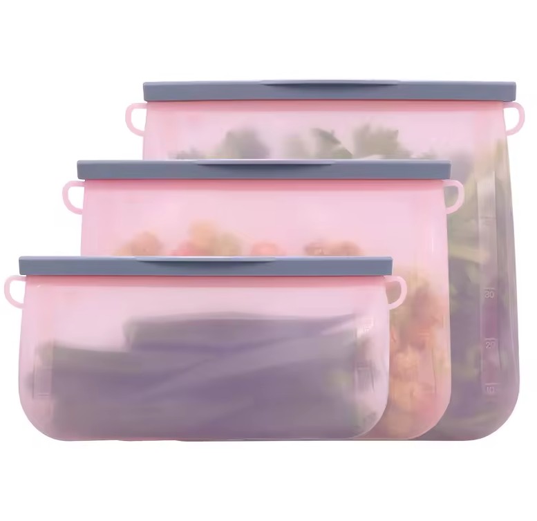 Bolsas silicona reutilizables rosa con frutas y verduras